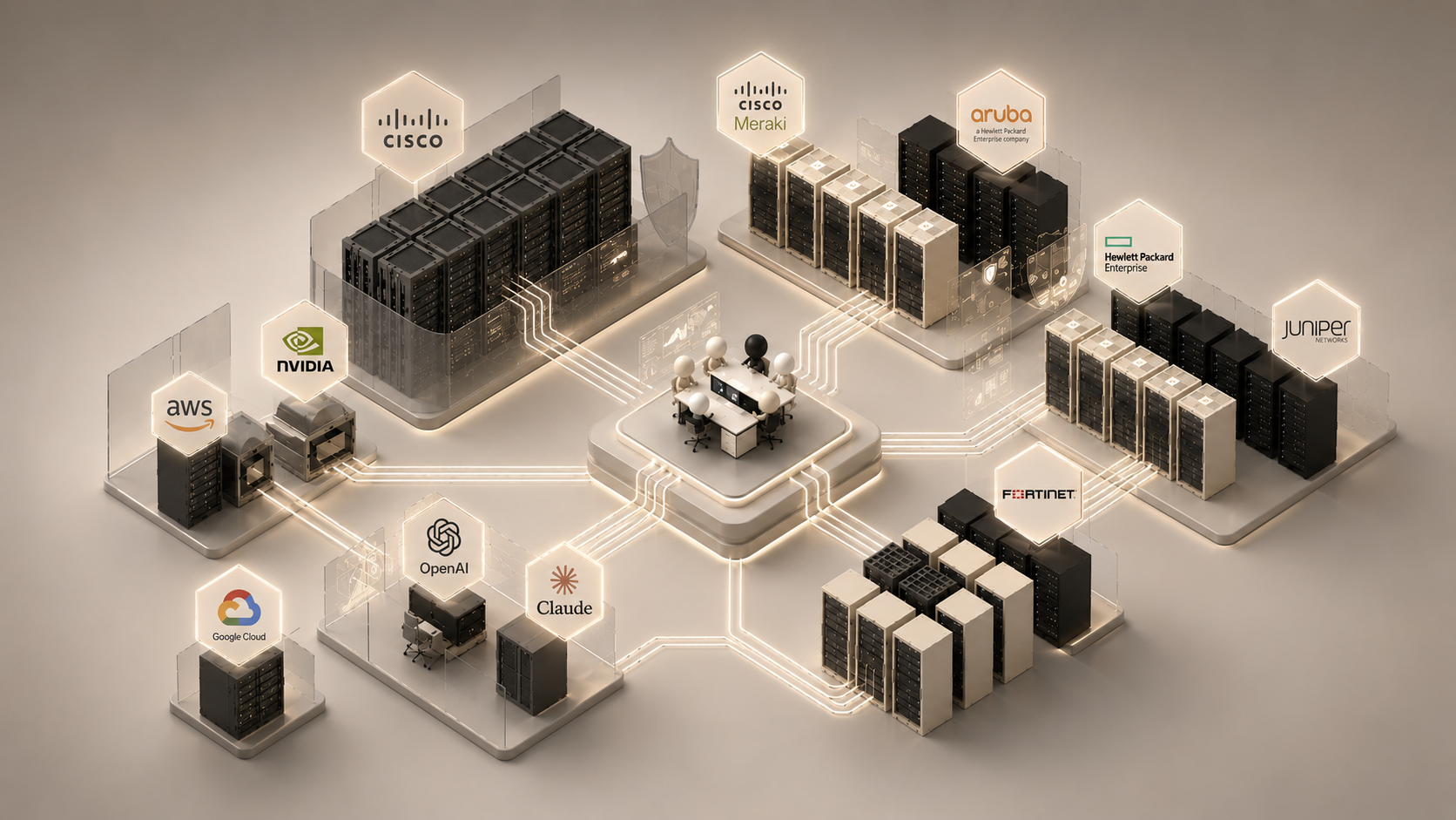 Isometric network infrastructure map with enterprise technology vendors